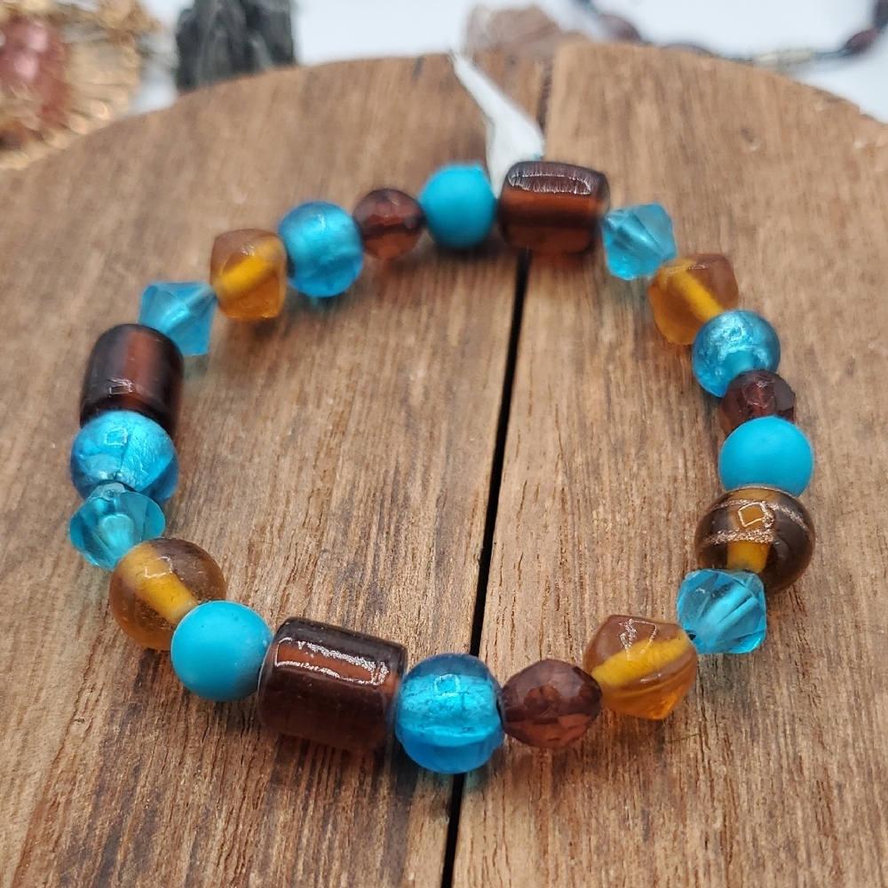 Stunning Glassโ Beaded Orange And Blue Bracelet B3412